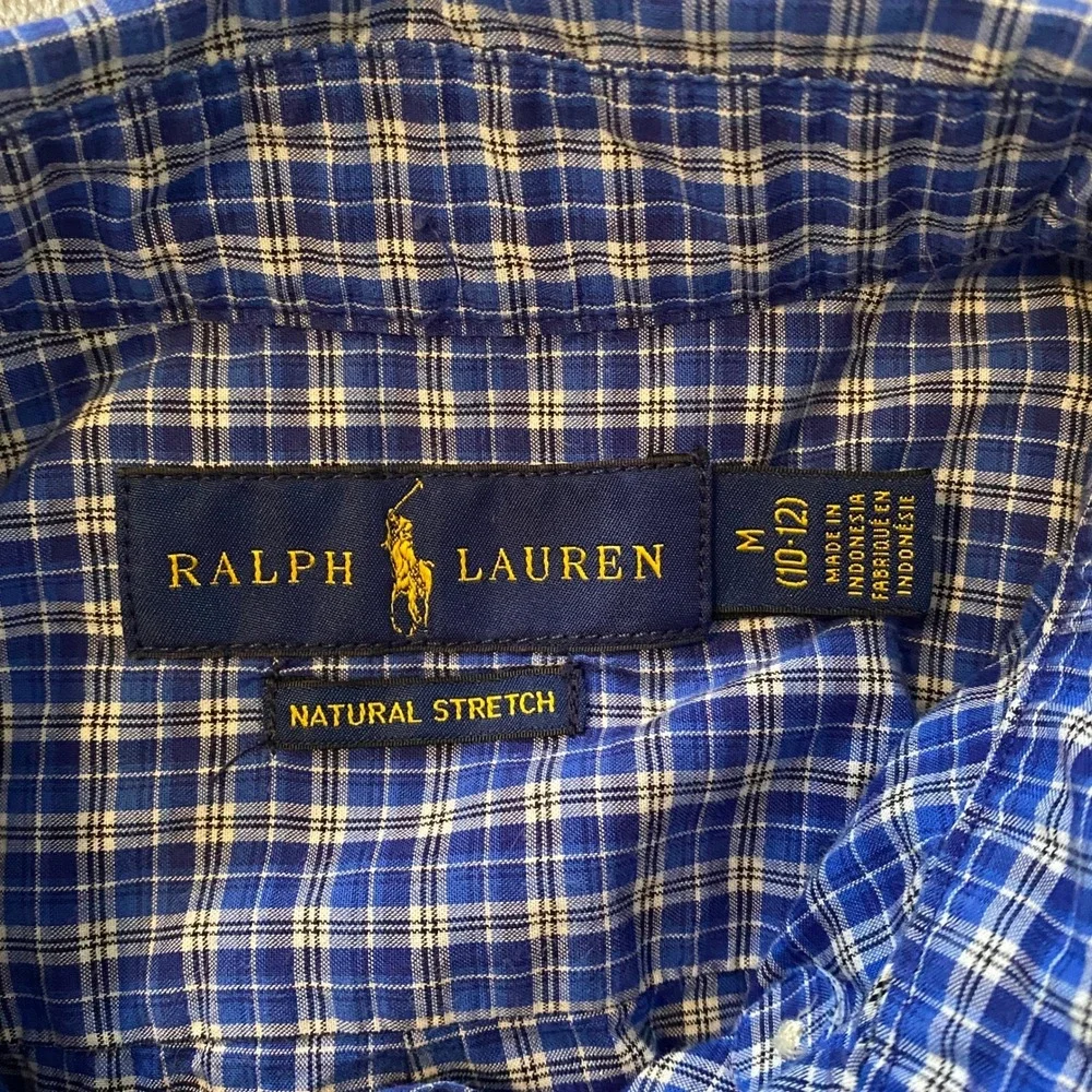 Ralph Lauren Shirt Boys‎ M 10-12 Blue Plaid Natural Stretch Button Down Logo